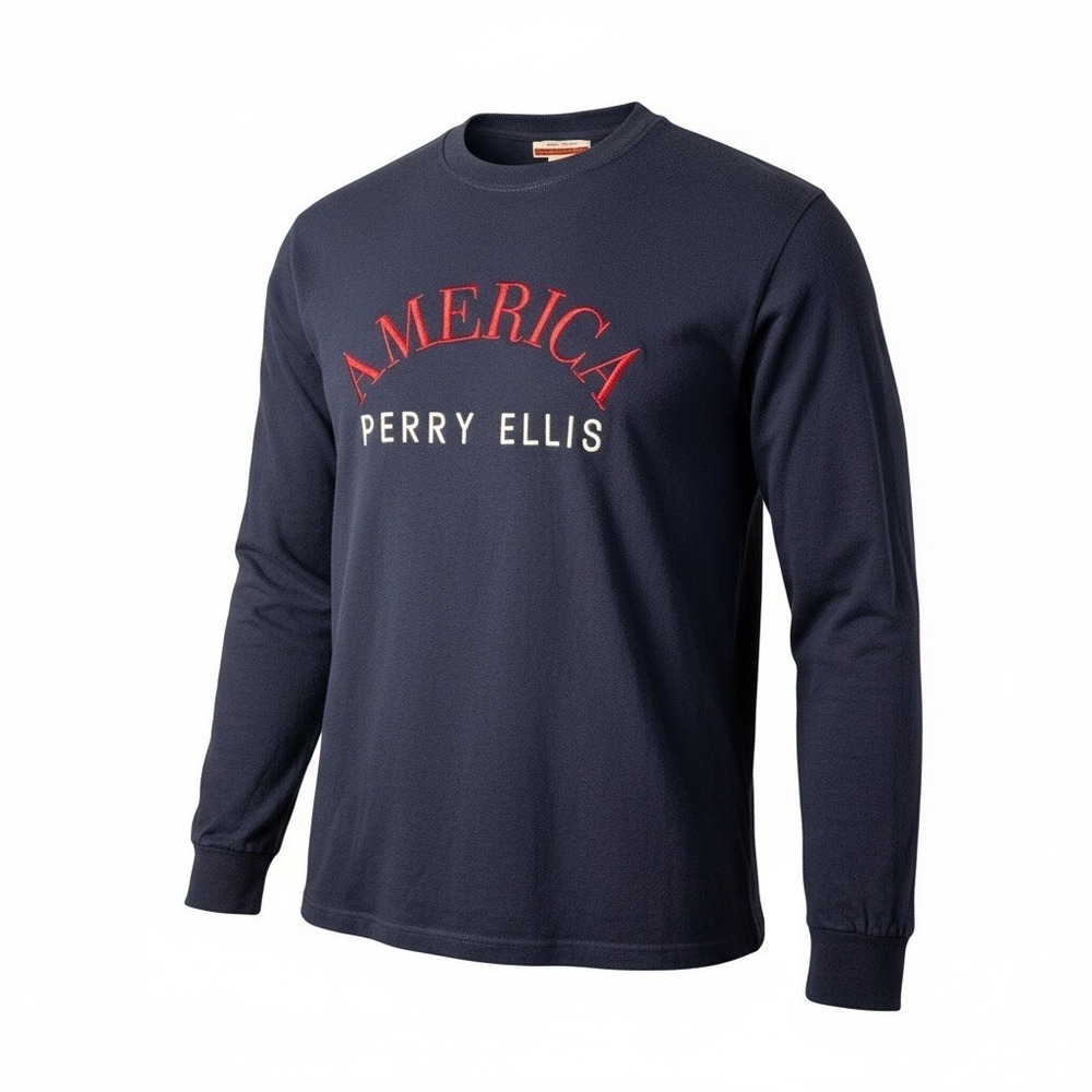 Perry Ellis America Long Sleeve Crew Neck Sweatshirt‎ Navy Blue XL Embroidered